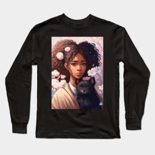 Floral Cute Anime black girl with her cute black dog Long Sleeve T-Shirt